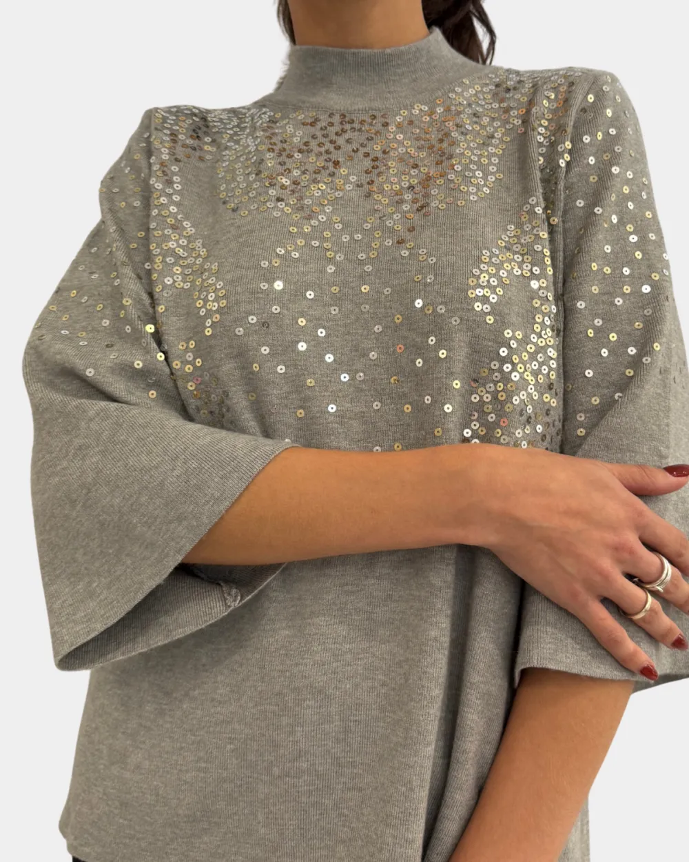 Sequin Mock Neck Sweater Top - Heather