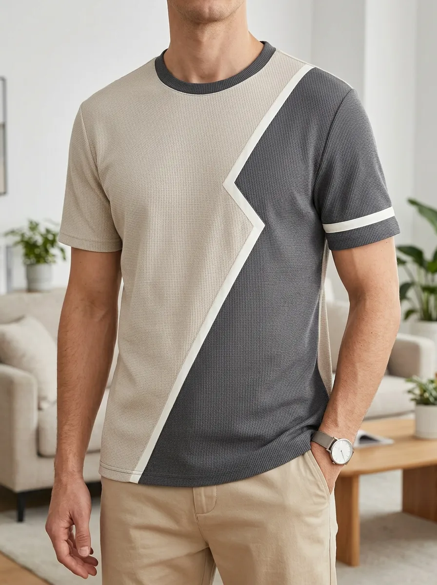 Men's Casual Minimalist Colorblock Waffle Knit Signature Crew Neck T-Shirt