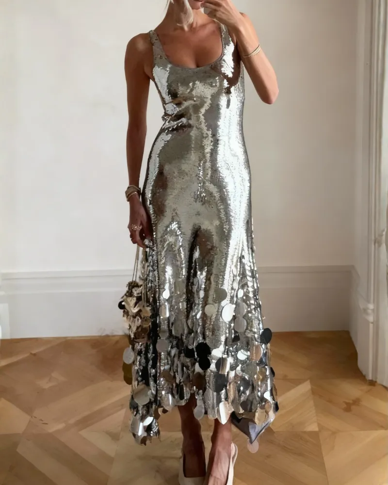 Easy Fit Sequined Maxi Tie Detail Dress