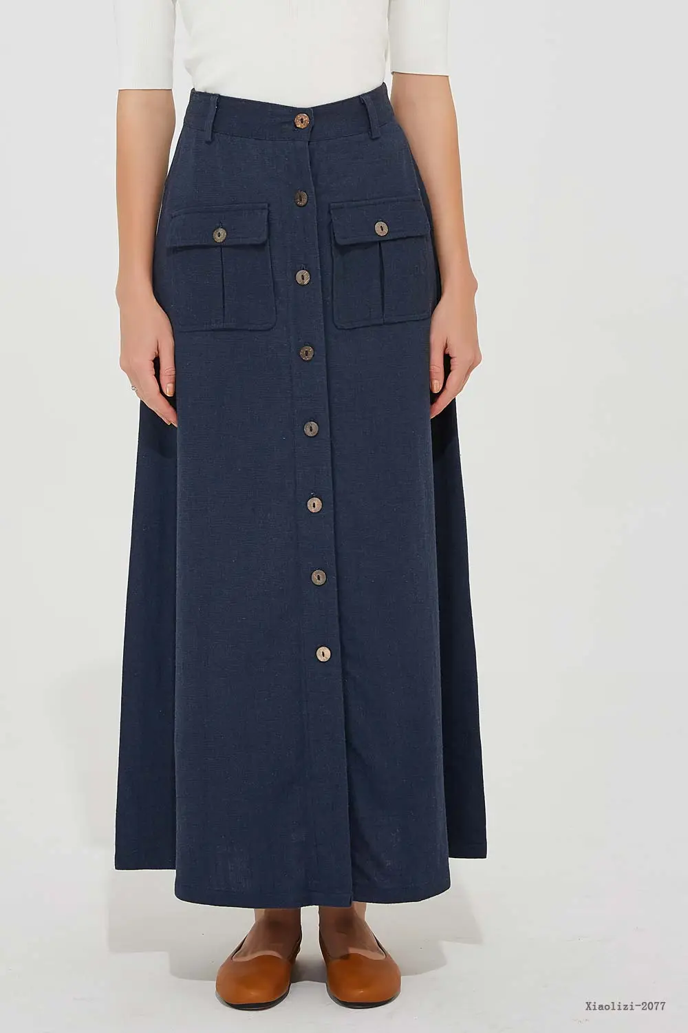 Linen Blend Button Front Maxi Skirt