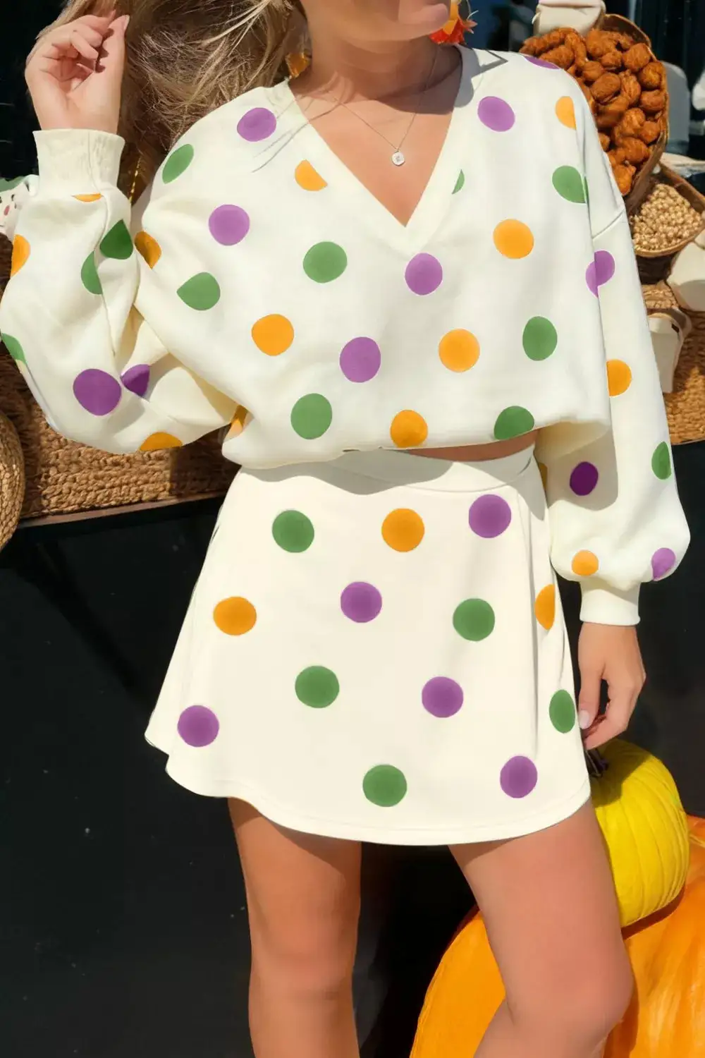 Polka Dot V-neck Top and Skirt Set