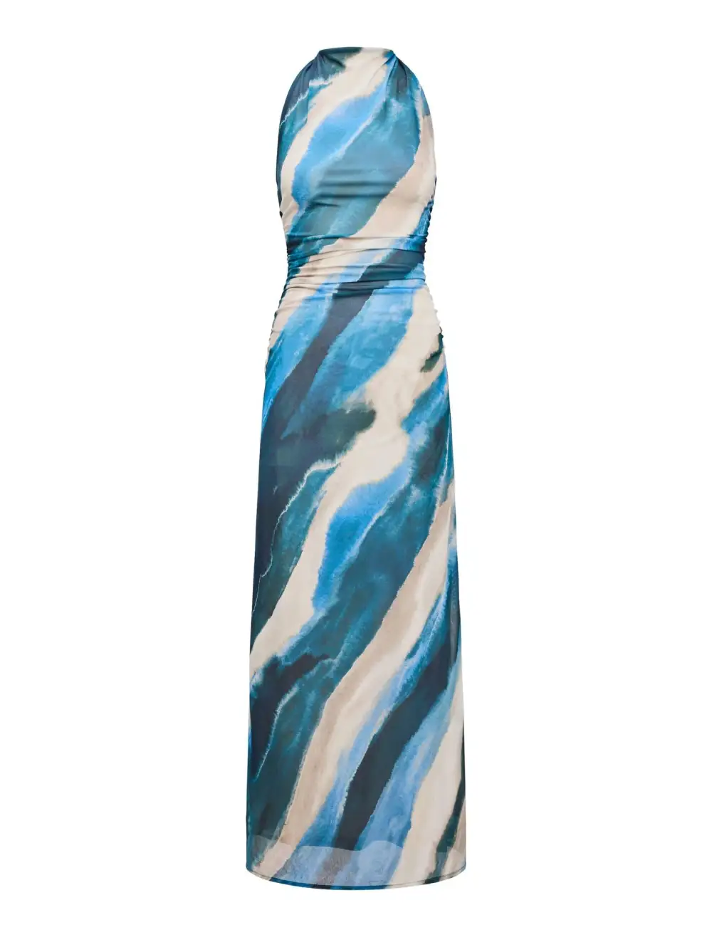Blue White Abstract Print Halter Mesh Maxi Dress