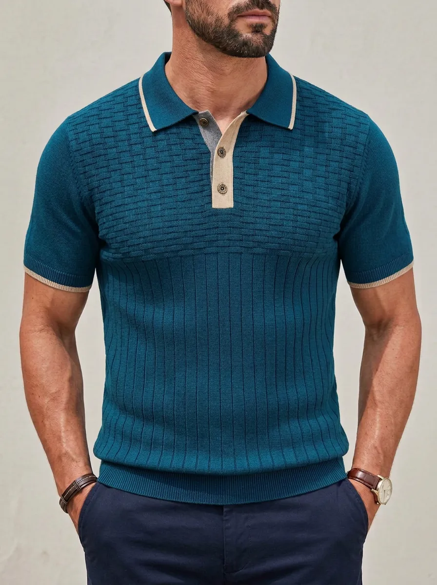 Men's Smart-Casual Textured Knit Contrast Trim Polo Shirt