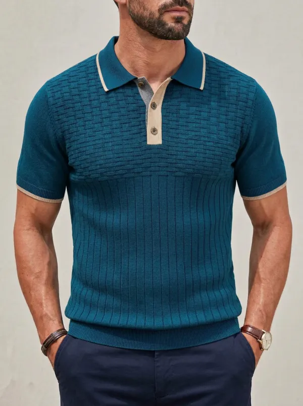 Men's Smart-Casual Textured Knit Contrast Trim Polo Shirt