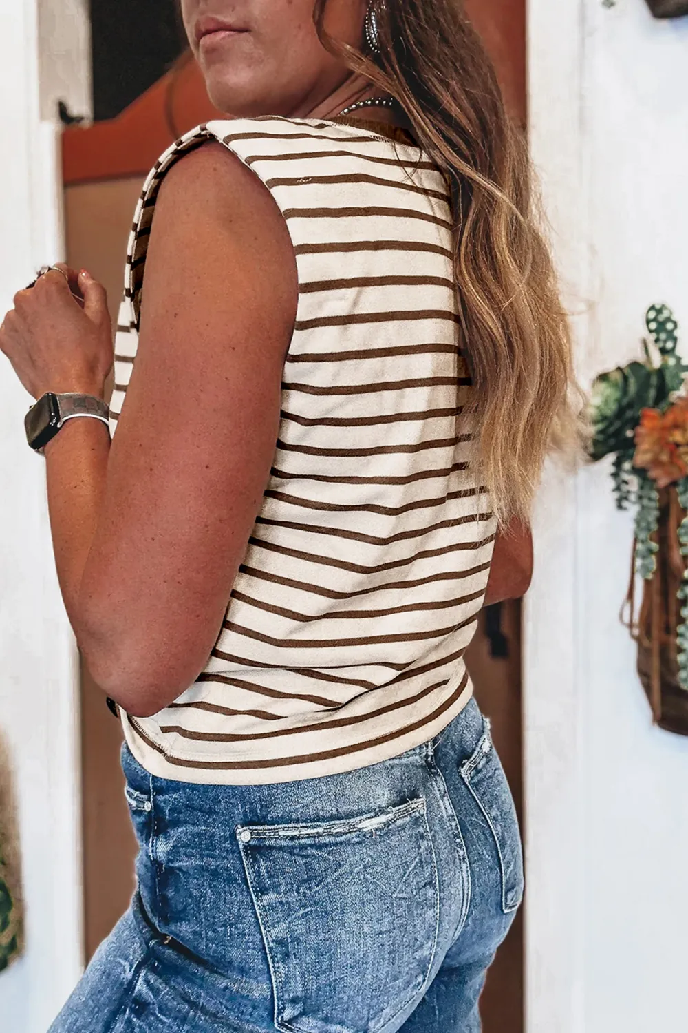 Brown Stripe Ribbed Round Neck Tank Top