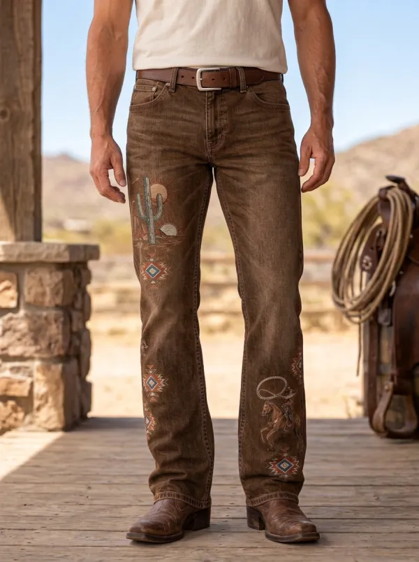 Men's Prairie Inspired Western Cowboy Horse Cactus Jeans