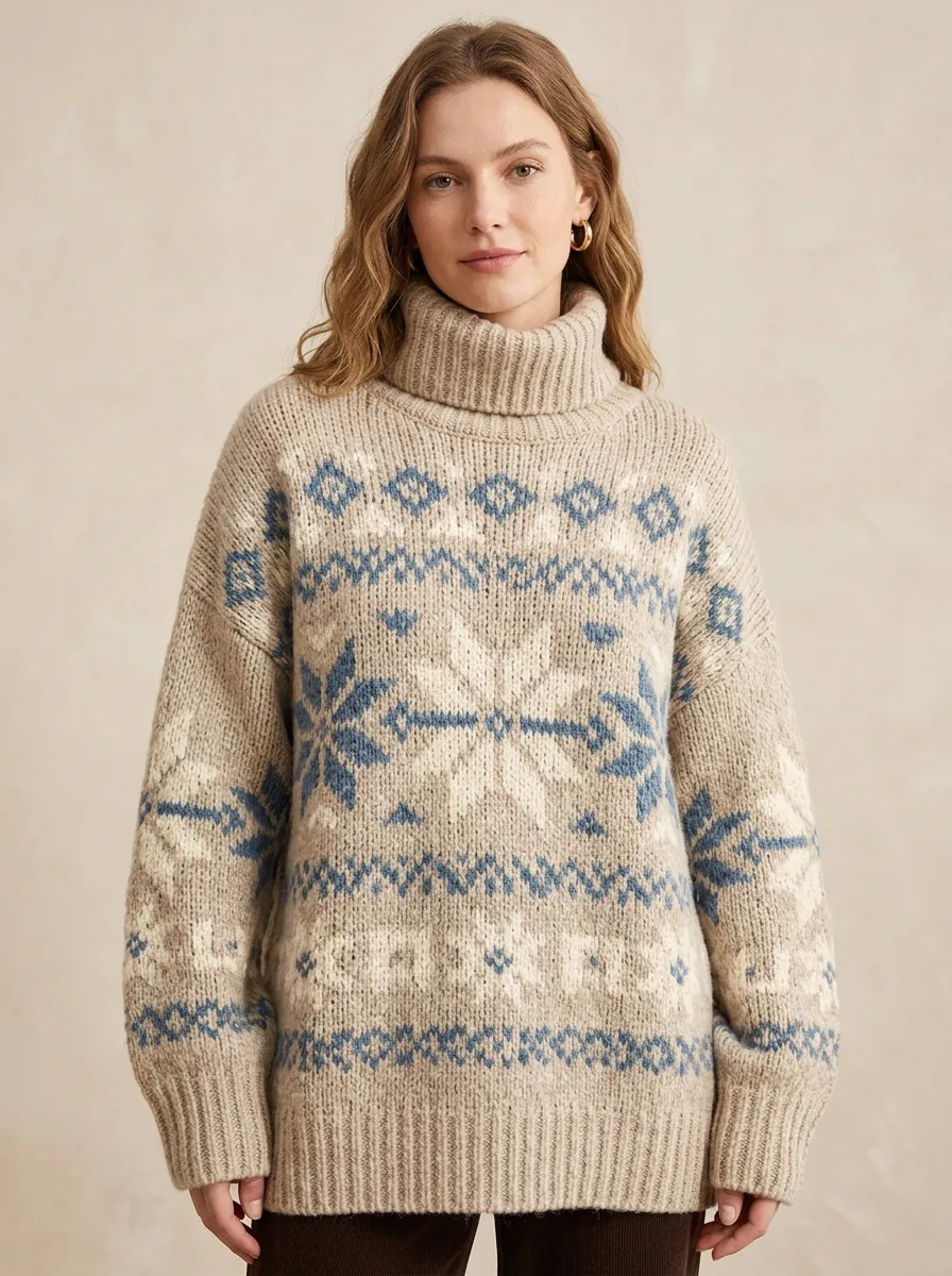 Women's Winter Nordic Snowflake Pattern Printed Turtleneck Sweater