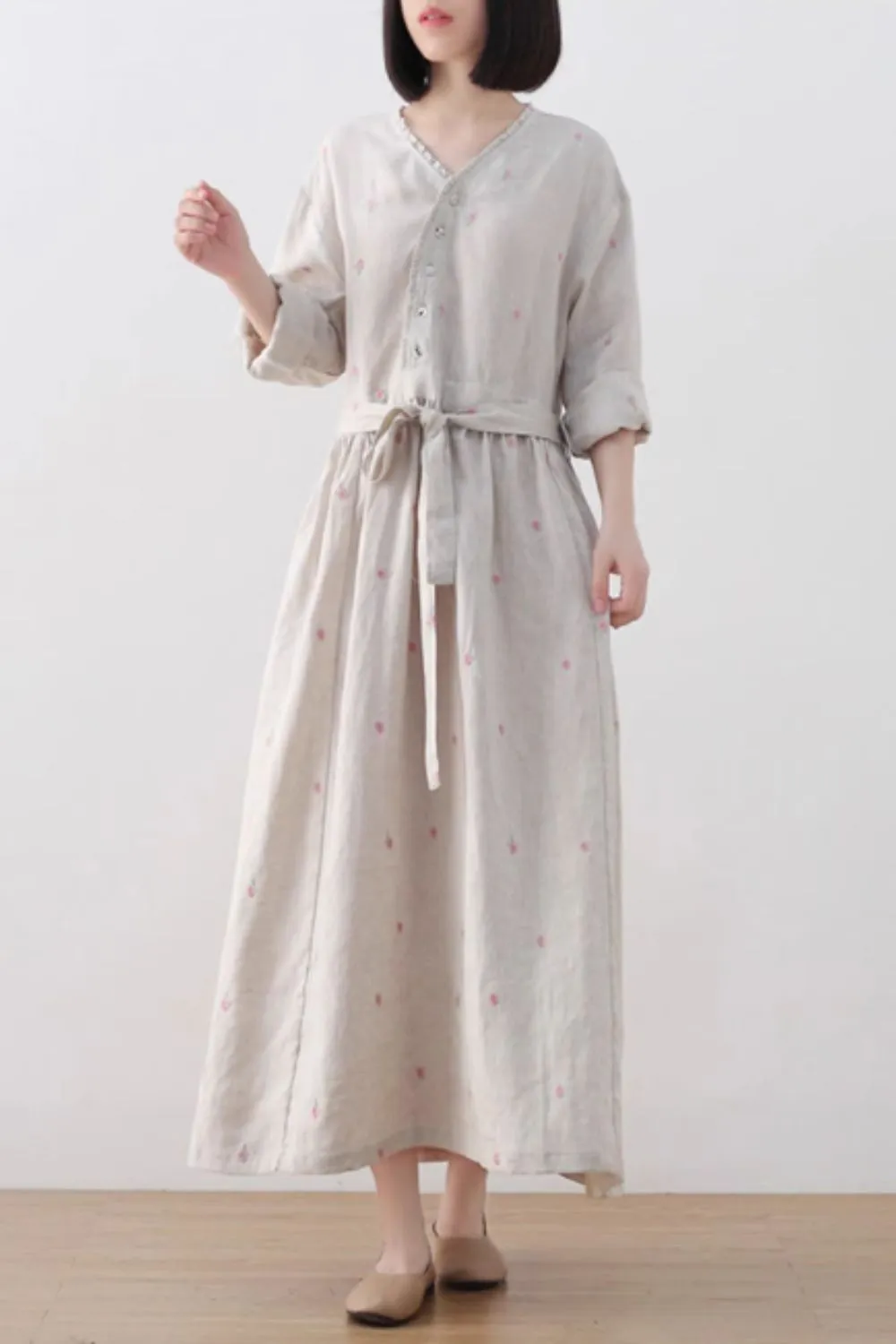 Floral Linen Ruffle Long Sleeve Midi Dress