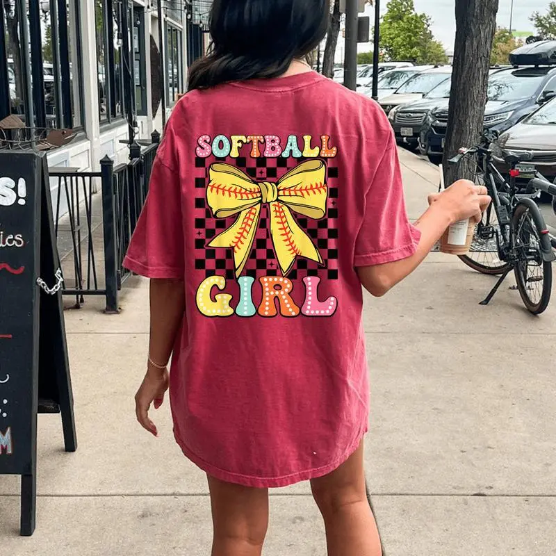 Groovy Softball Girl Coquette Bow Softball Girls Women Women's Oversized Comfort T-Shirt Back Print