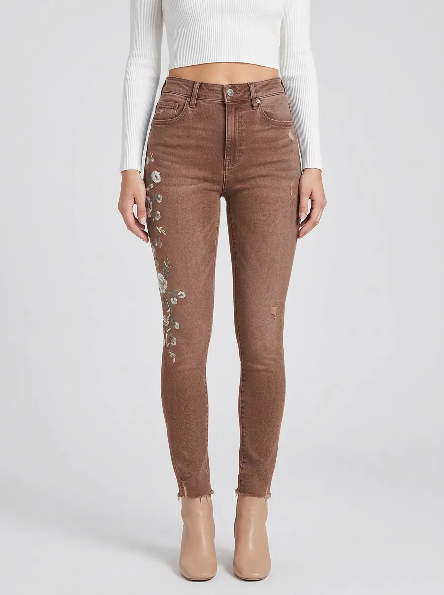 Women's Floral White Flower Embroidered Printed Slim Jeans