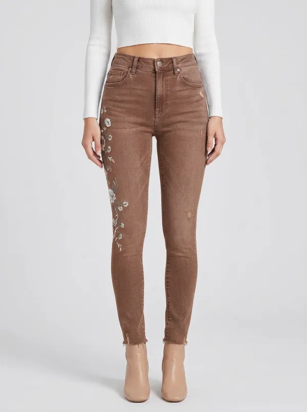 Women's Floral White Flower Embroidered Printed Slim Jeans