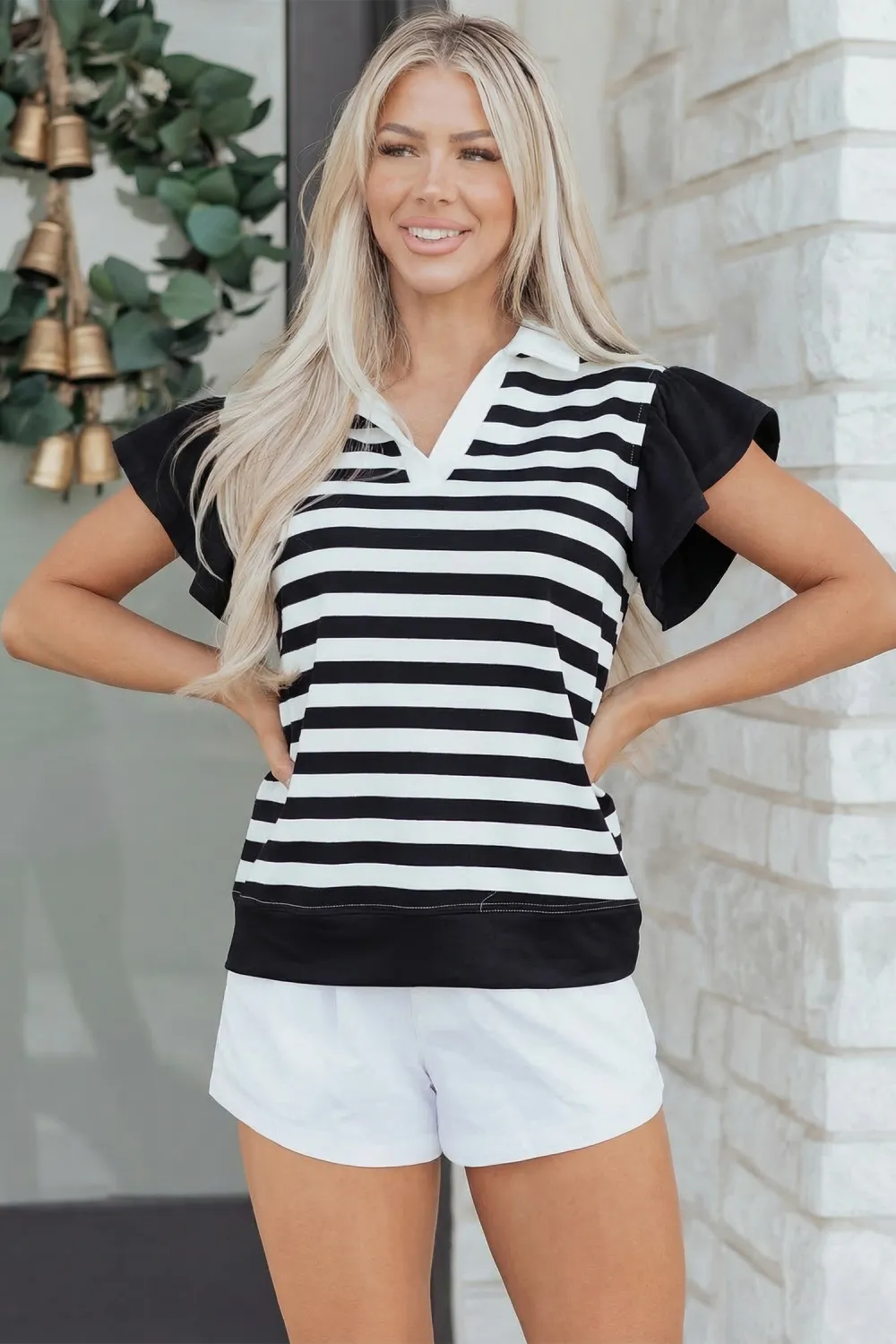 Black Stripe Collar V Neck Blouse