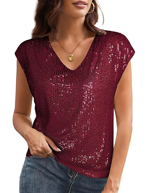 Batwing Sleeve Relaxed Sequined Shiny V-Neck T-Shirt