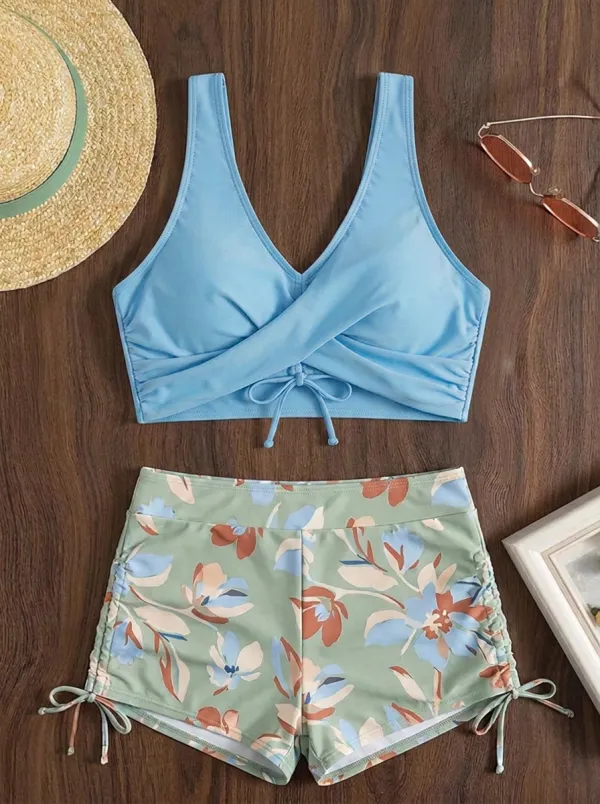 Women's Summer Beach Floral Printed Cross-Front Bikini Set