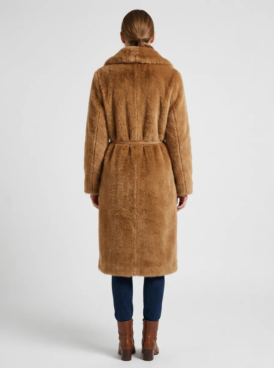 Clean-Line Belted Longline Faux Fur Coat