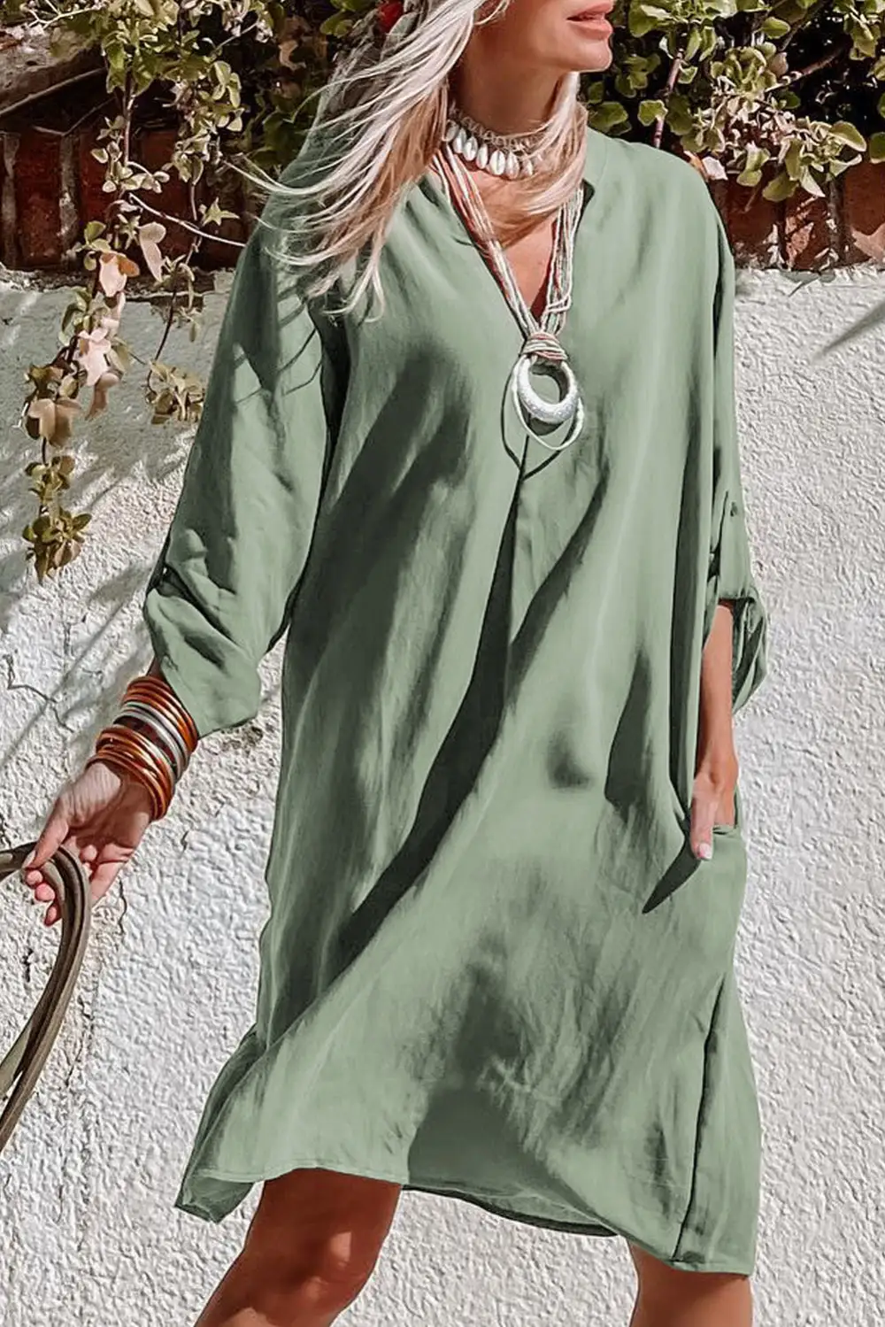 Roll Tab Sleeve Flowy Casual Dress