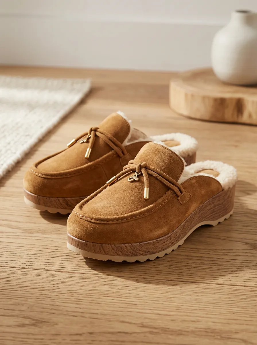 Women's Utility Faux Fur Lined Casual Suede Wood Sole Loafers