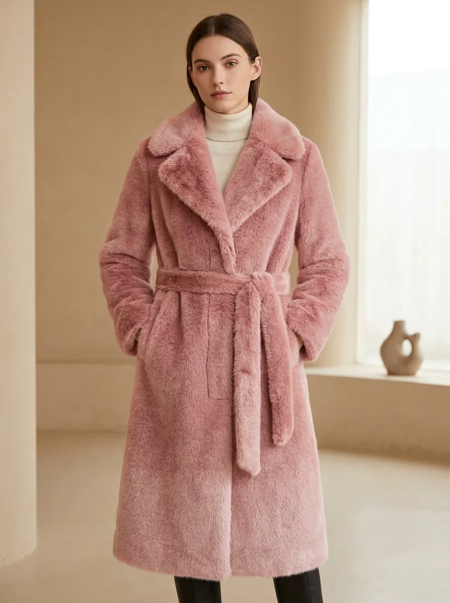 Self Tie Belt Belted Faux Fur Coat