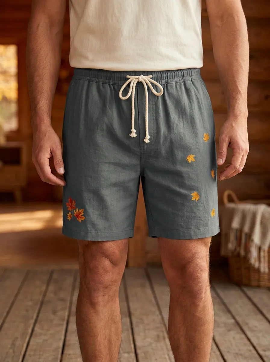 Embroidered Leaf Detail Drawstring Shorts