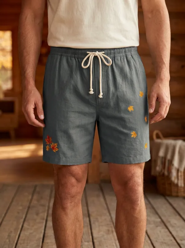 Embroidered Leaf Detail Drawstring Shorts
