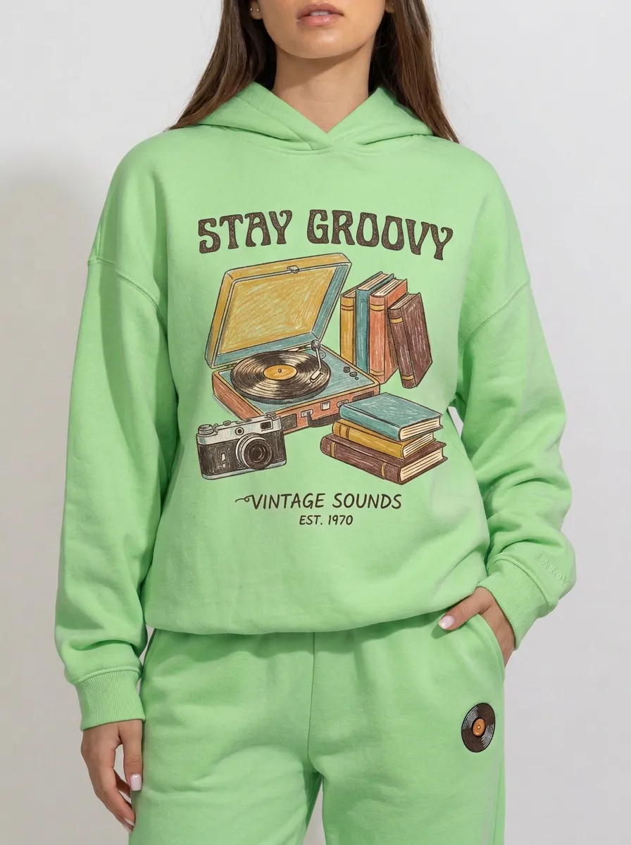 Women's Retro Music-Inspired Record Player Books Camera Printed Hoodie