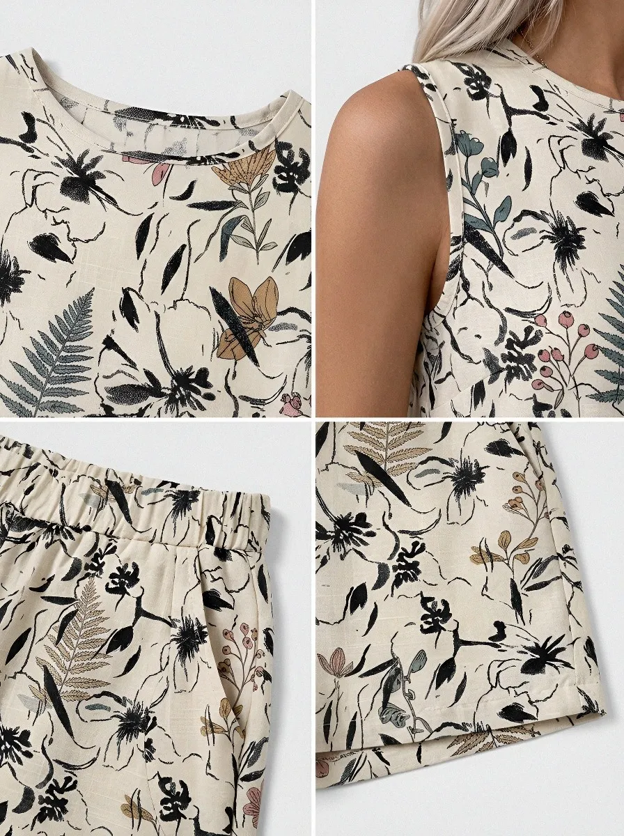 Women's Botanical Floral Fern Printed Sleeveless Shorts Set