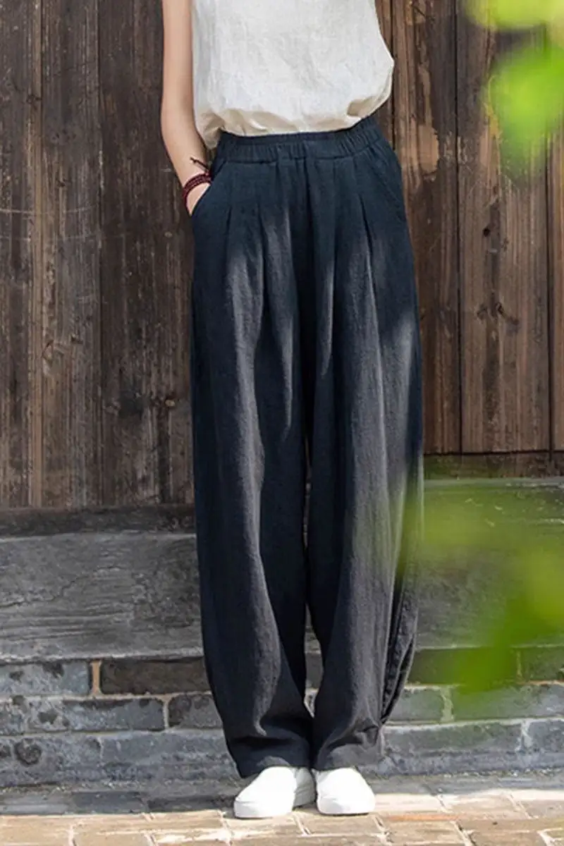 Refined Linen Cotton High Waist Pocketed Trousers