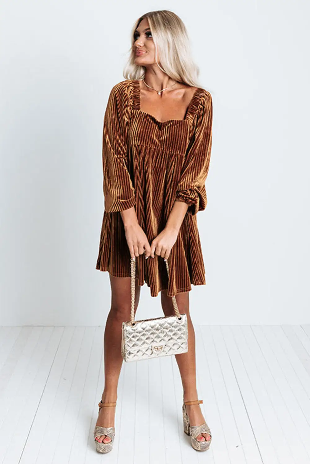 Tie Back Square Neck Velvet Babydoll Dress