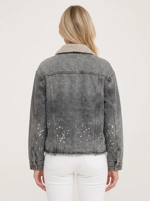 Women's Grey Washed Paint Splatter Sherpa Collar Denim Jacket