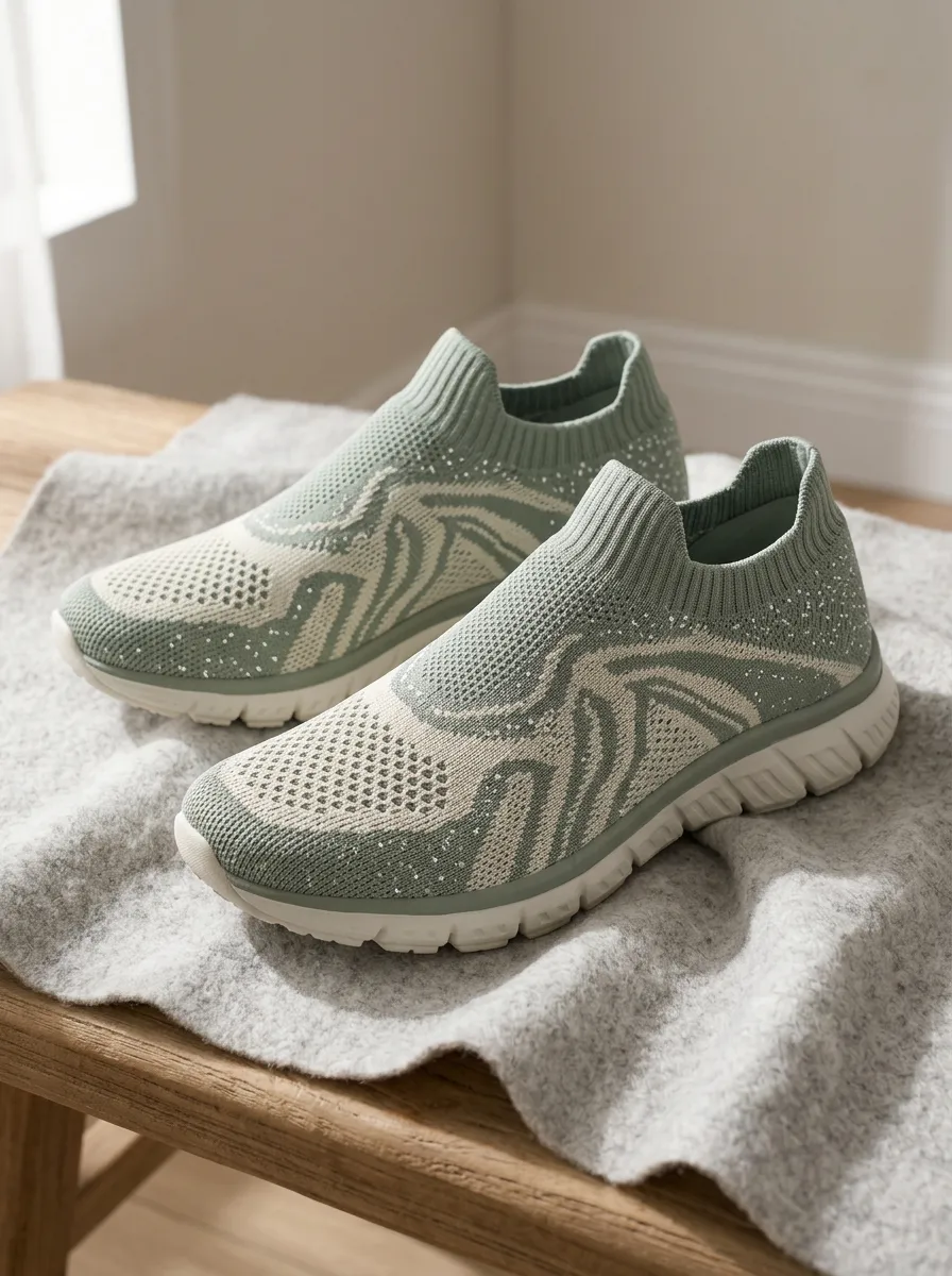 Women's Sage Green Abstract Swirl Pattern Knitted Sneakers