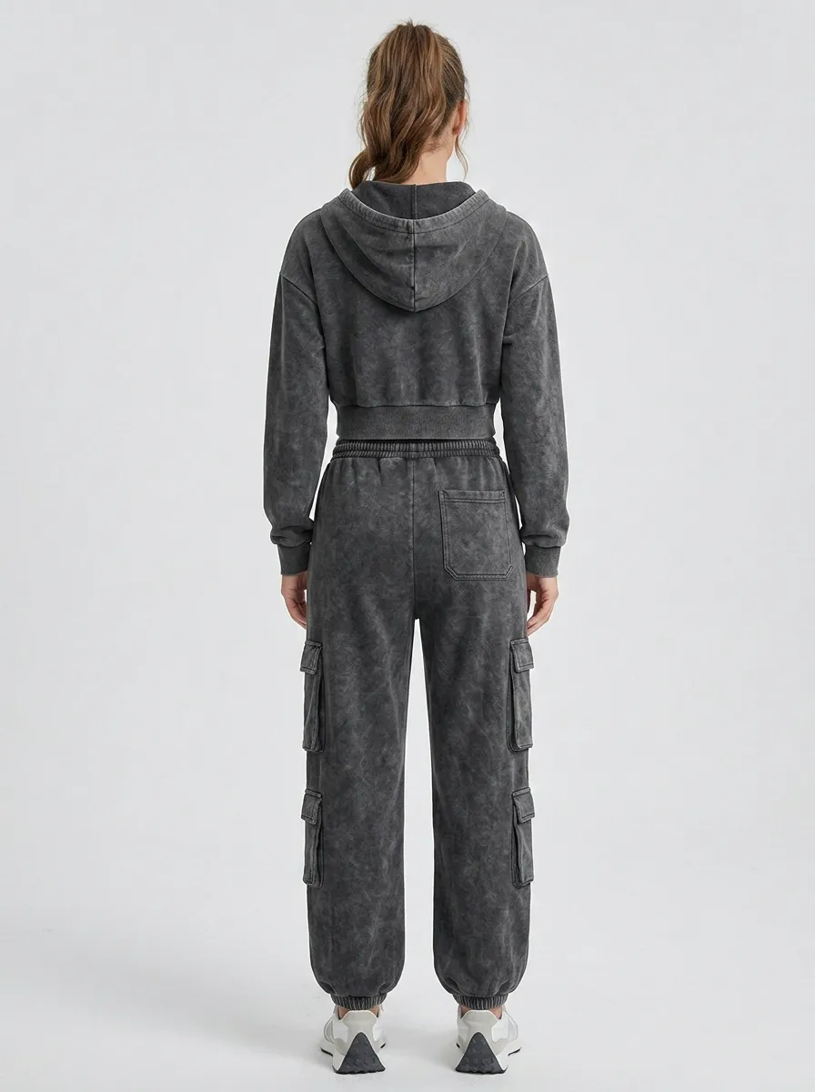 Studio Zip-Up Vintage-Wash Women's Cropped Zip-Up Hoodie Jogger Active Set