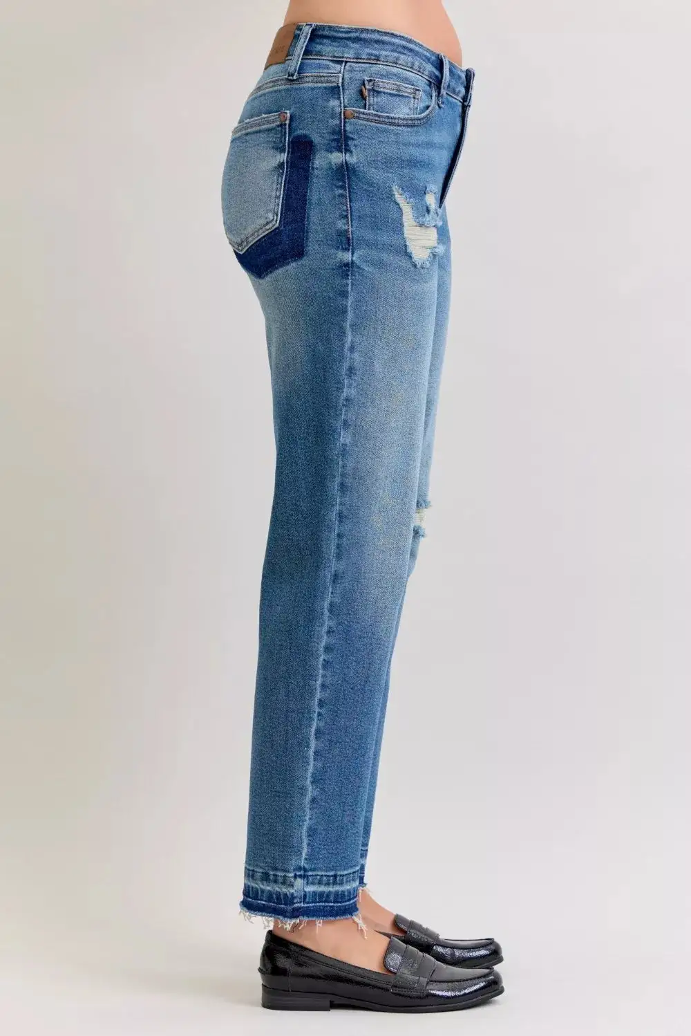 Mid Rise Raw Hem Distressed Boyfriend Jeans