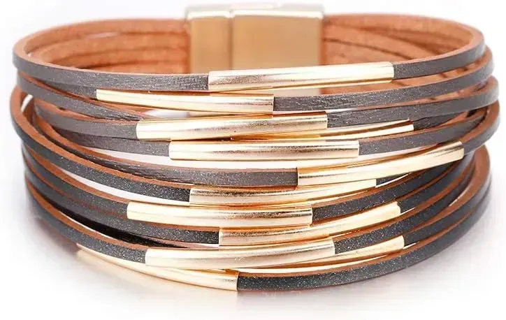 Fesciory Leather Wrap Bracelets for Women, Boho Leopard Multi-Layer Crystal Beads Cuff Bracelet Jewelry
