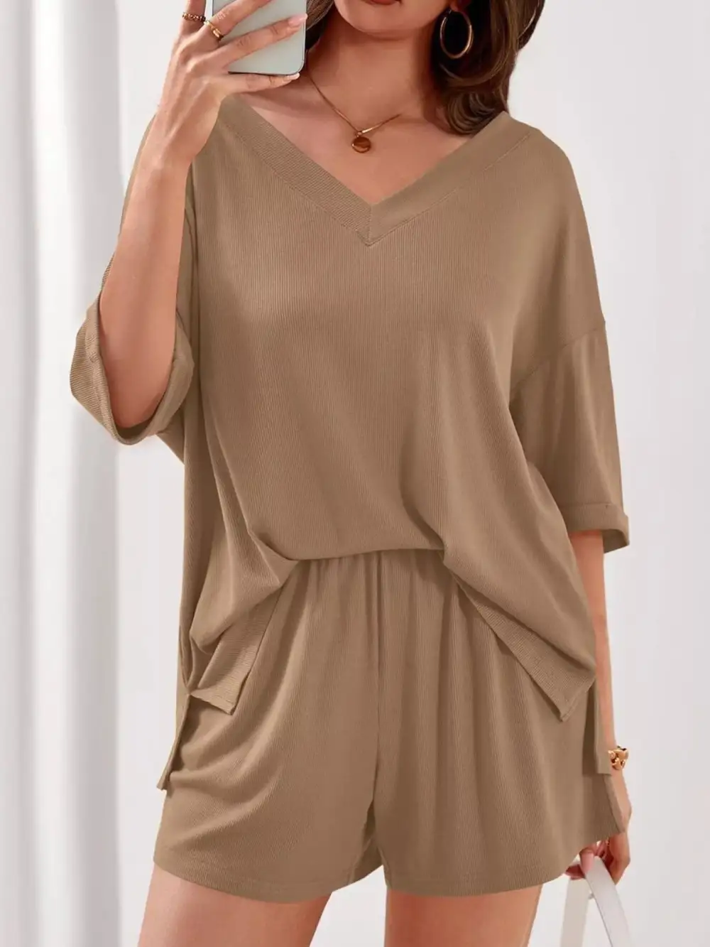 Casual Solid Color V Neck Top and Shorts Set