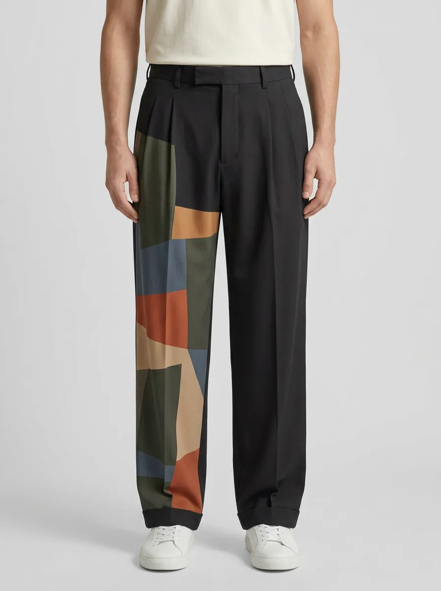 Men's Abstract Geometric Colorblock Printed Wide Leg Pants
