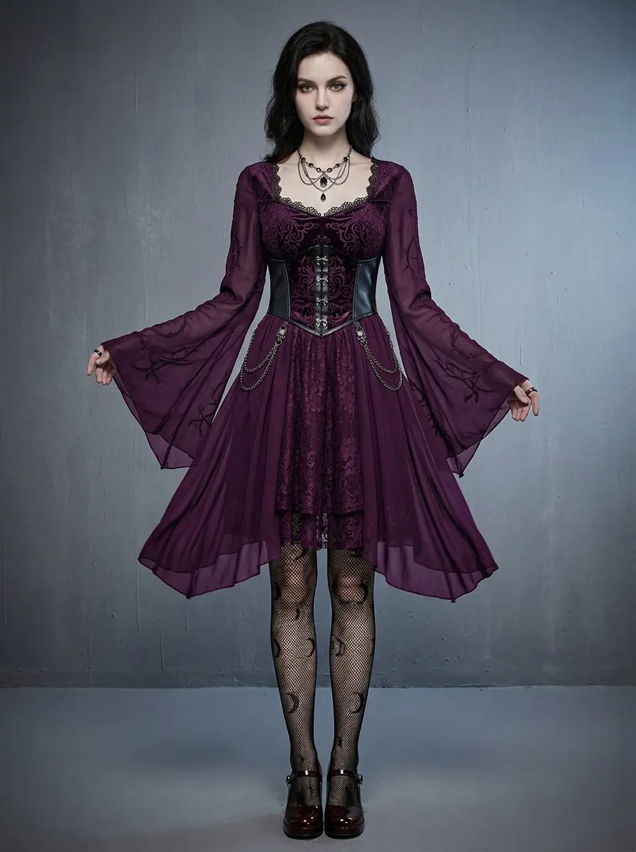 Women's Gothic Victorian Lace Chain Printed Mini Dress