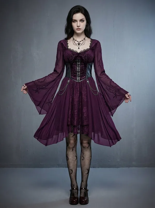 Women's Gothic Victorian Lace Chain Printed Mini Dress