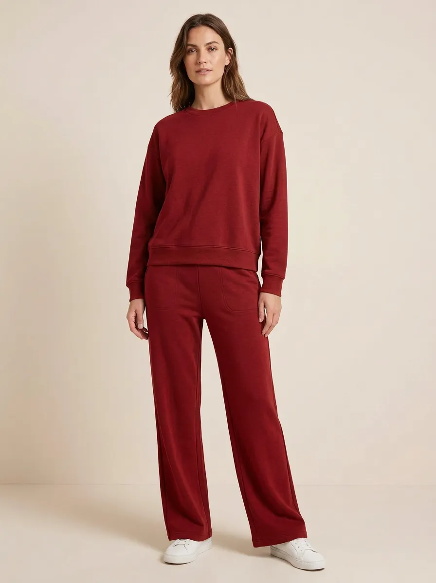Women's Long-Sleeve Crewneck Sweatshirt And Patch-Pocket Wide-Leg Trouser Lounge Set