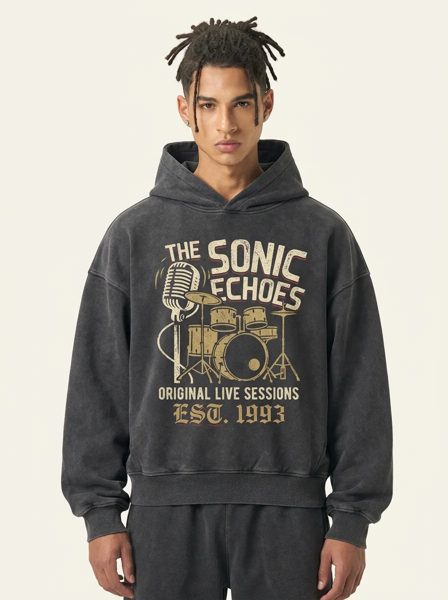 Men‘s Rock Band Music Lover Microphone Drum Printed Hoodie