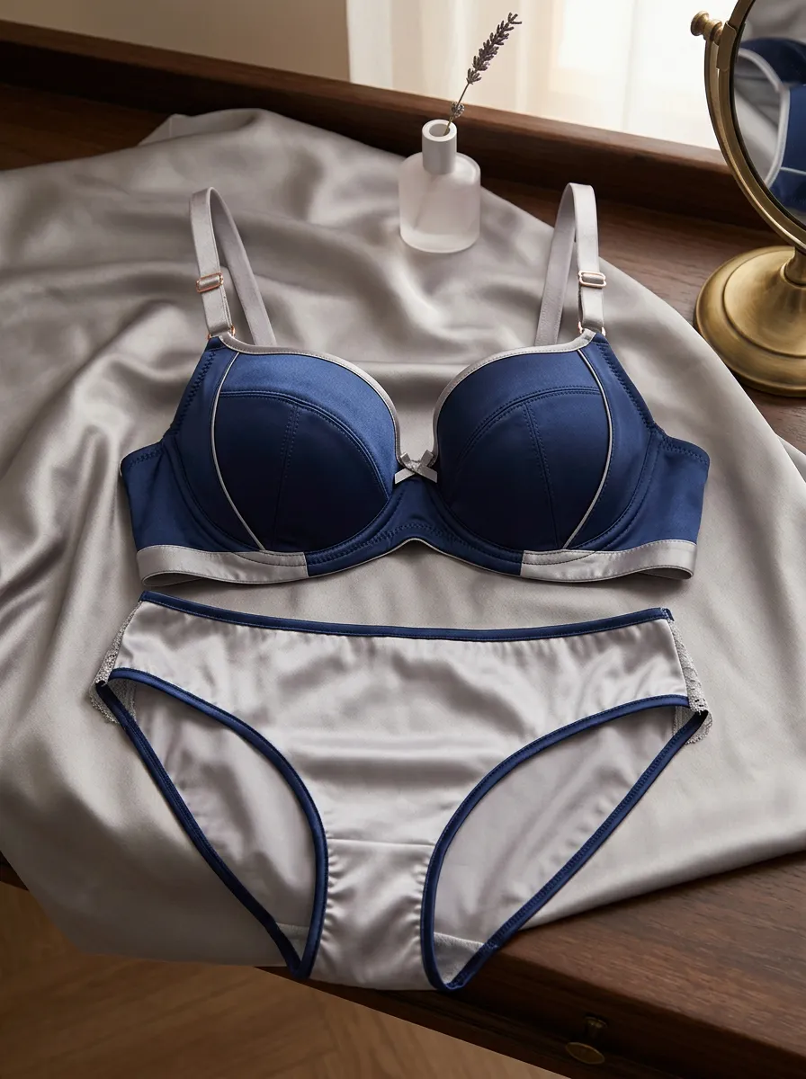 Women's And Satin Contrast And Lace Lingerie Set
