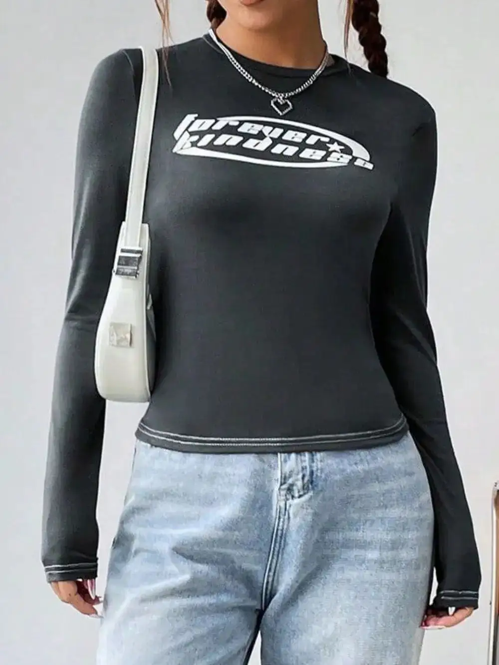 Letter Graphic Round Neck Long Sleeve T-Shirt