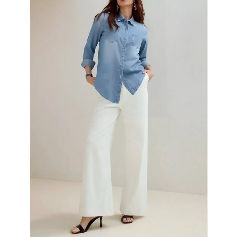 Plus Size Button-Up Long-Sleeve Denim Shirt