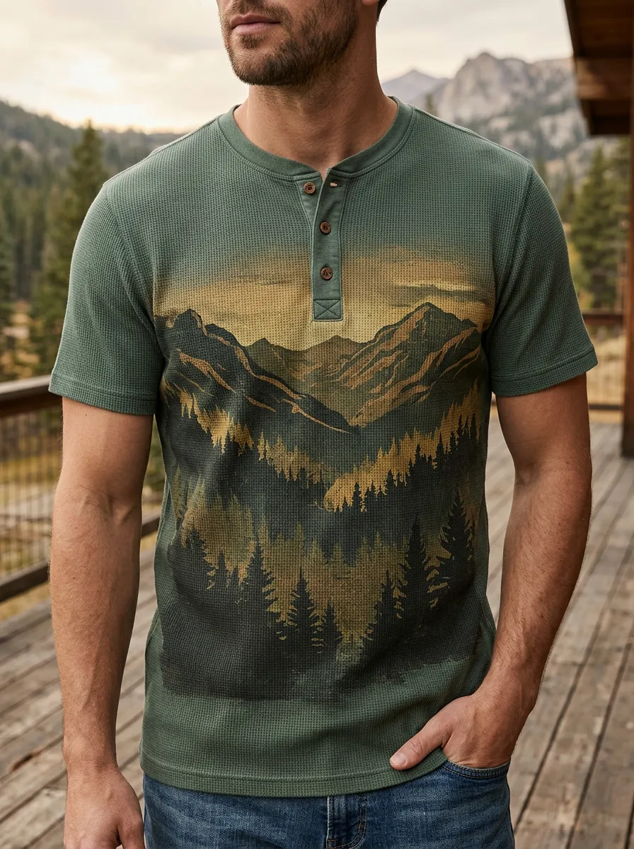 Men's Fresh Nature Lover Mountain Forest Henley T-Shirt