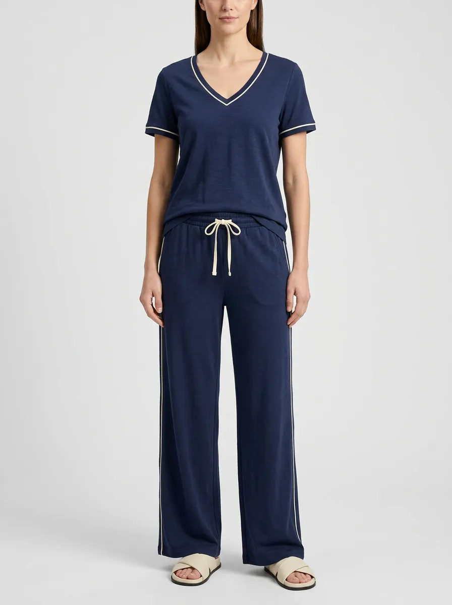 Women's Contrast-Trim V-Neck T-Shirt and Wide-Leg Pants Set