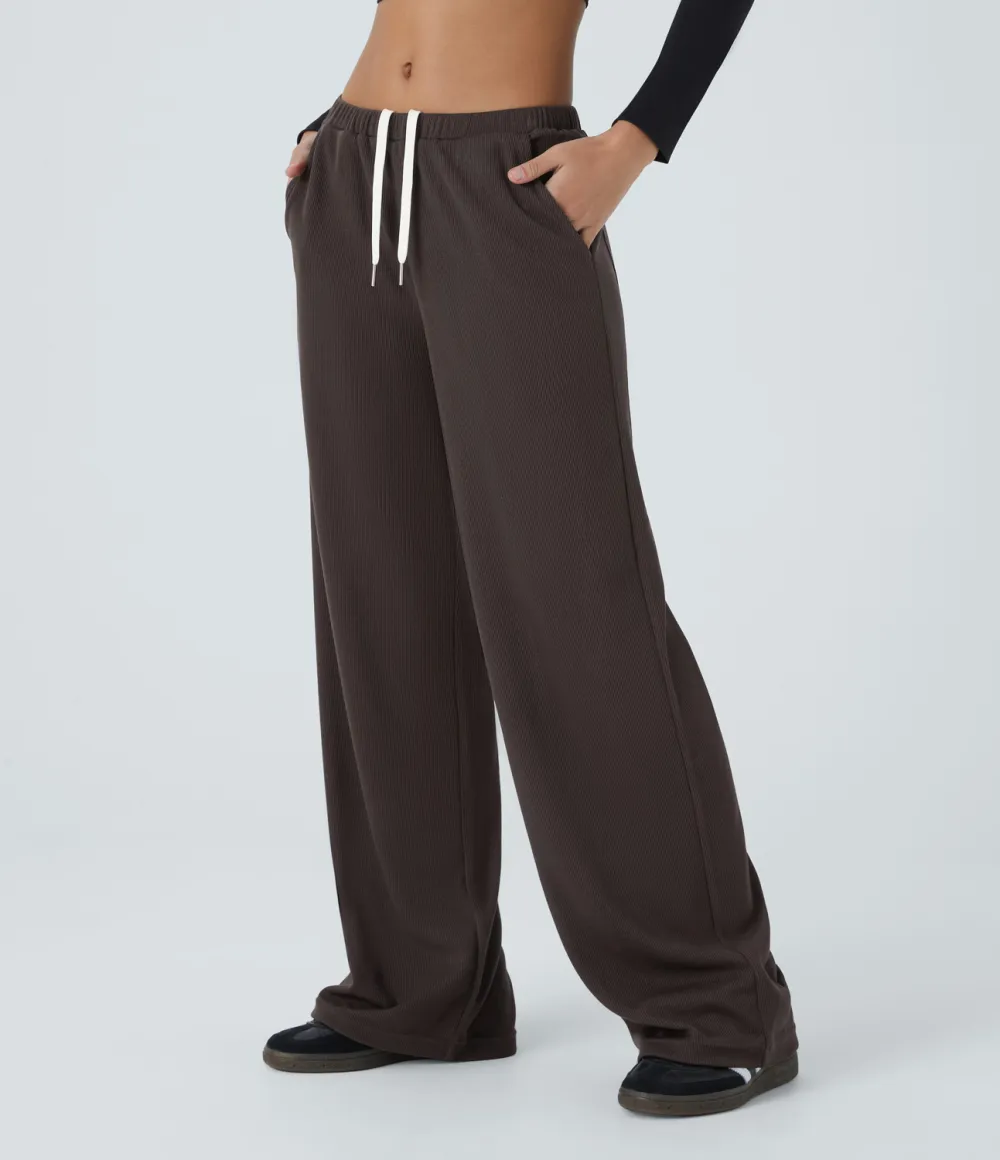 Ribbed Mid Low Rise Inside Drawstring Multiple Pockets Wide Leg Casual Pants