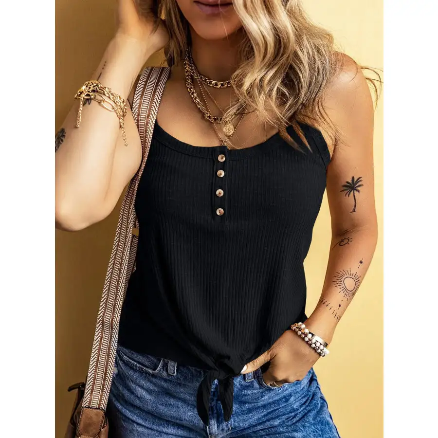 Full Size Ribbed Button Front Tie Hem