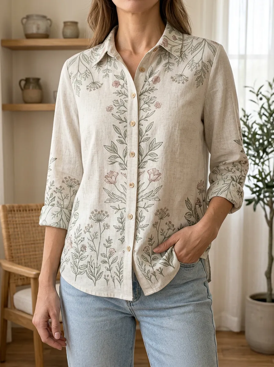 Women's Botanical Floral Line Art Printed Shirt