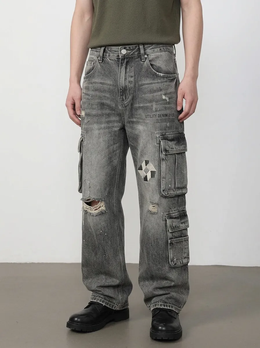 Men's Utility Denim Geometric Patch Distressed Printed Cargo Jeans