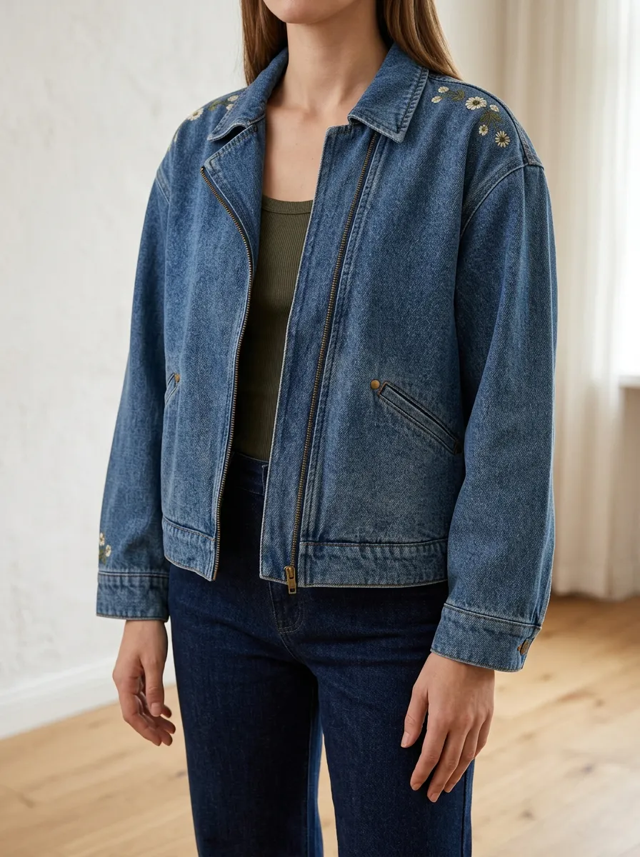 High Neck Short Sleeve Women's Denim Layering Jacket