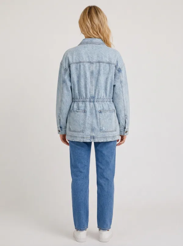 Women's Vintage Wash Drawstring Waist Denim Jacket